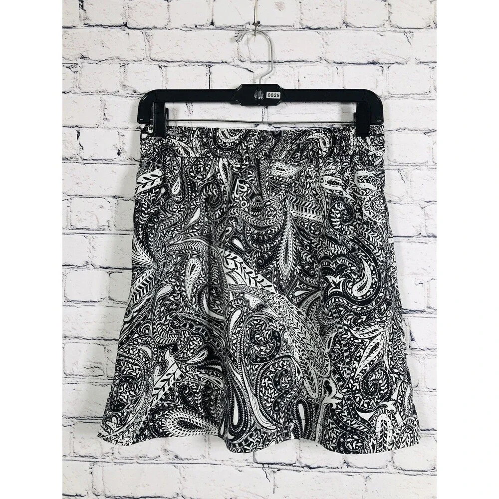 LOFT Women's Skirt Paisley Print A-Line‎ Mini Elastic Waist Black White Size S